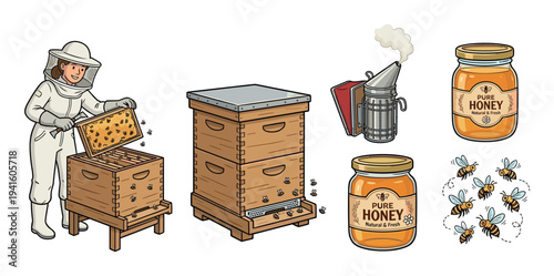Beekeeping and honey production illustration set featuring a beekeeper in a protective suit, a wooden beehive, a smoker, jars of fresh honey, and cute cartoon bees