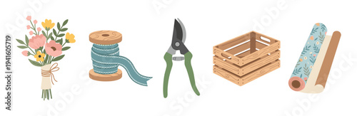 Florist tools and supplies collection with a bouquet, ribbon, shears, wooden crate, and wrapping paper in a charming flat illustration style