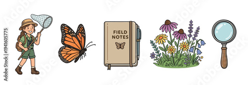 Charming hand-drawn illustration set of nature exploration items, including a young girl explorer with a net, a monarch butterfly, a field journal, wildflowers, and a magnifying glass
