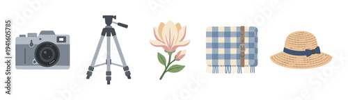 Charming collection of flat illustration elements including a camera, tripod, magnolia flower, picnic blanket, and straw hat, evoking a sense of spring leisure and outdoor adventure