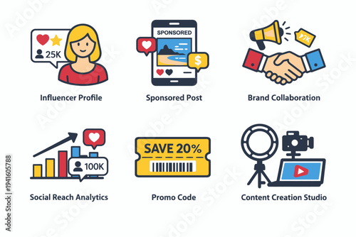 Digital marketing icons featuring female influencer, sponsored content, and analytics tools