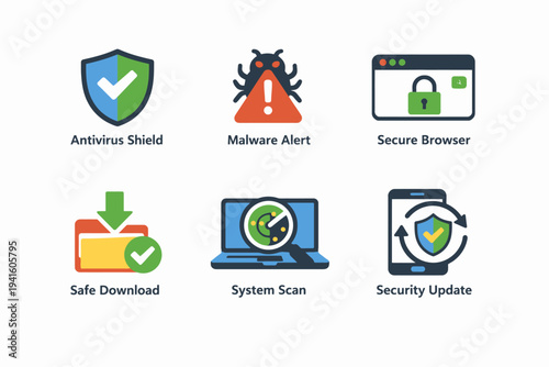 Antivirus shield and security icons: malware alert, secure browser, safe download, system scan, security update