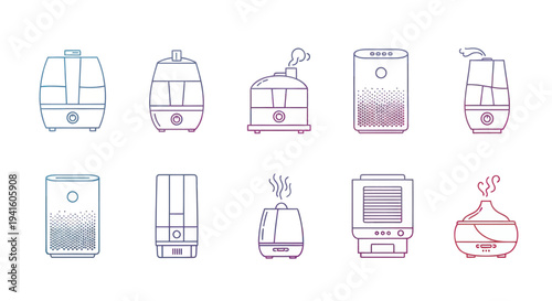 Collection of Various Humidifier and Diffuser Designs in Line Art Style.