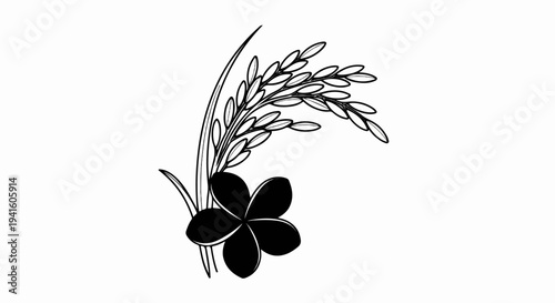 A black and white illustration of a rice stalk with a five-petal flower