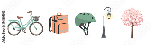 Set of urban spring icons featuring a bicycle with a basket, a delivery backpack, a helmet, a street lamp, and a blossoming cherry tree in a flat vector style