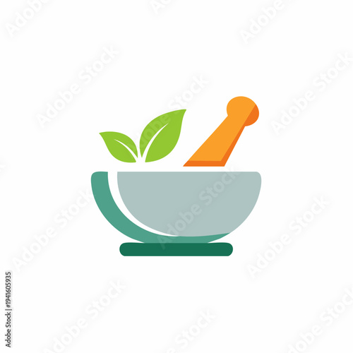 Iconic natural health symbol with mortar, pestle, and green leaves for herbal medicine and wellness concepts