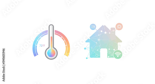 Colorful Thermometer and House Icons Representing Temperature and Home Comfort.