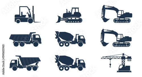 Collection of Silhouetted Construction Vehicles and Heavy Machinery.