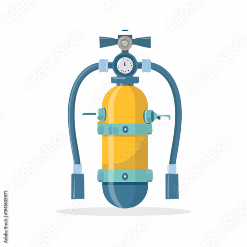 Yellow and blue scuba diving air tank with hoses and gauges on a white background