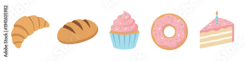 Collection of illustrated bakery items including a croissant, bread, cupcake, donut, and a birthday cake slice with a candle, presented in a cute and simple flat cartoon style