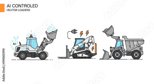 AI-controlled electric heavy construction vehicles: loader skid-steer and dump truck set.