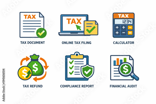Tax document icons: filing, calculator, refund, compliance, financial audit