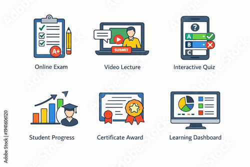 Educational tools: online exam, video lecture, interactive quiz, student progress, certificate award, learning dashboard