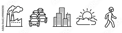 Set of five black line art icons representing urban pollution and environmental concepts, including a factory, traffic jam, cityscape, sun, and a person wearing a face mask