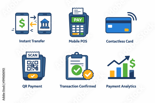 Digital payment methods: instant transfer, mobile pos, contactless card, qr payment, transaction analytics