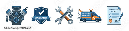 Set of car service and warranty icons showing an engine, shield, tools, tow truck, and policy document for automotive repair and insurance concepts in a flat illustration style