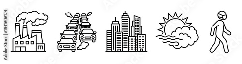 Black and white outline icon set illustrating urban air pollution with a factory, car traffic, city buildings, smoggy sun, and a person wearing a face mask