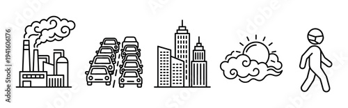 Set of black line icons representing air pollution from industry, traffic, and urban life, including a factory, cars, cityscape, smog, and a person wearing a mask