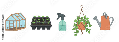 Set of hand-drawn gardening equipment including a greenhouse, seedling tray, spray bottle, hanging plant, and watering can for home horticulture and plant care