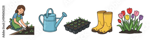 Set of cartoon gardening illustrations showing a woman planting sprouts, a watering can, a seedling tray, muddy rubber boots, and colorful spring tulips