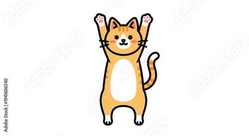 Adorable Cartoon Cat Raising Paws Happily