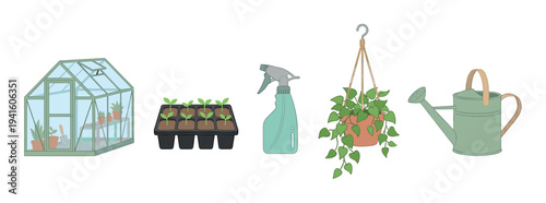 Collection of illustrated gardening tools and plants including a small greenhouse, seedling tray, spray bottle, hanging houseplant, and a watering can in a simple line art style