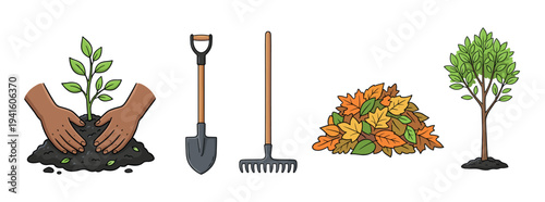 Set of cartoon gardening and yard work icons showing hands planting a seedling, a shovel, a rake, a pile of autumn leaves, and a young tree in a simple hand-drawn style