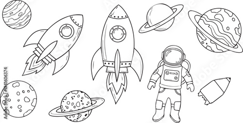 Set of 8 space icons vector, astronaut, rockets, planets