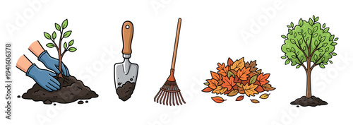 Set of colorful cartoon gardening illustrations showing the process of planting, including hands with a sapling, a trowel, a rake, a pile of autumn leaves, and a grown tree