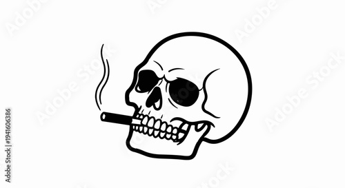 A black and white illustration of a skull with a lit cigarette
