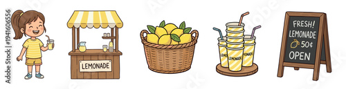 Set of cute lemonade stand illustrations featuring a happy girl holding a drink, a wooden stall, a basket of lemons, paper cups, and a chalkboard sign in a charming cartoon style
