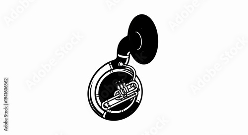 A black and white illustration of a sousaphone instrument