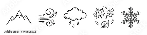 Collection of hand-drawn weather and nature icons, including mountains, wind, a rain cloud, falling autumn leaves, and a delicate snowflake, presented in a simple black and white sketch style