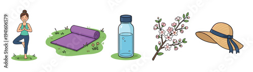 Set of five colorful cartoon illustrations representing outdoor yoga with a woman in tree pose, a mat, a water bottle, a cherry blossom branch, and a sun hat