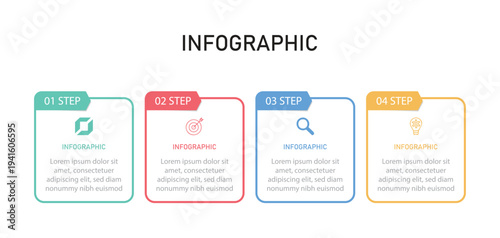 Business Infographic design template Vector with icons and 4 options or steps. Vector timeline infographic with four square connected elements. Design can be use for presentation.