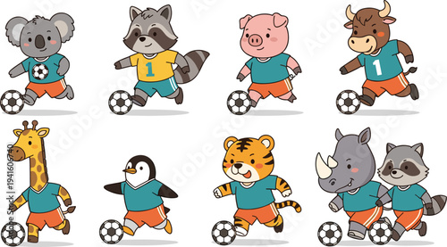 Cute Animal Soccer Team Vector Illustration Featuring Cartoon Wildlife Characters Playing Football with Ball