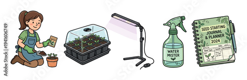 Charming set of cartoon seed starting illustrations featuring a female gardener, a seedling tray with a dome, an LED grow light, a water mister, and a planner
