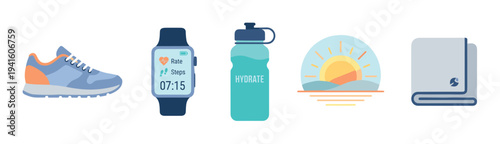 Set of healthy lifestyle flat icons for morning exercise including a sneaker, smartwatch, water bottle, sunrise, and towel, representing fitness and wellness concepts