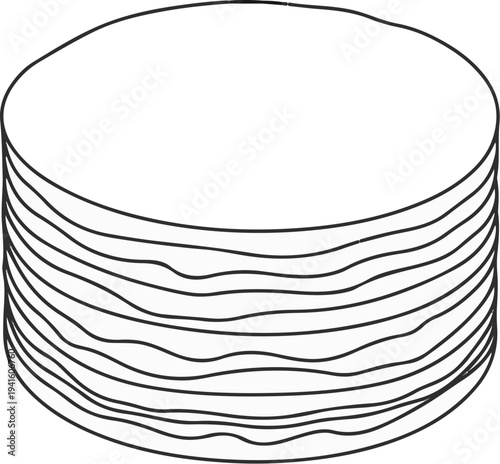 A black and white illustration of a stack of round pancakes