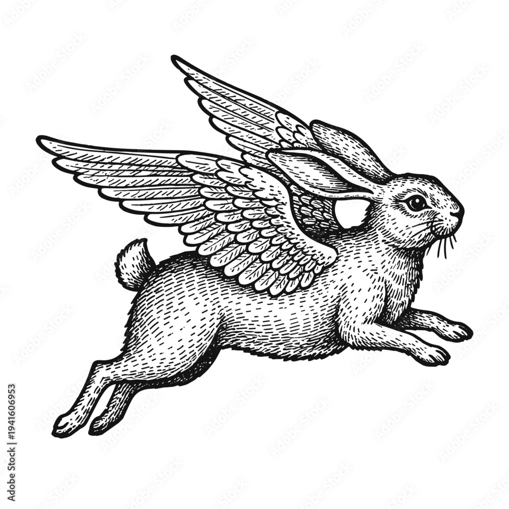 Fototapeta premium flying rabbit with wings vintage sketch