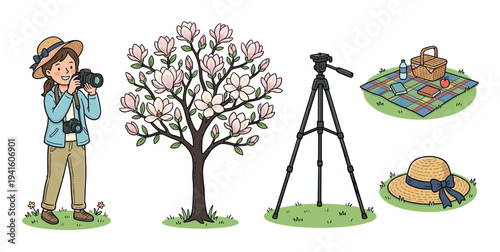 Charming hand-drawn illustration set of a female photographer, blooming magnolia tree, camera tripod, and picnic basket, representing a spring hobby and leisure activity