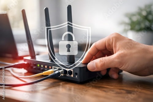 Securing Wi-Fi Router with Network Protection Shield Icon