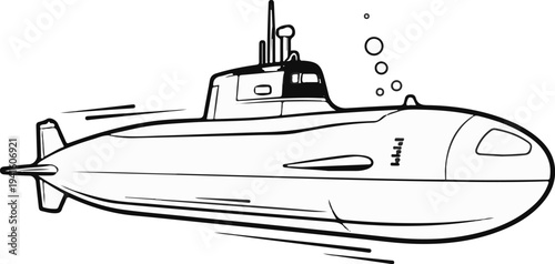 A black and white illustration of a submarine moving through water with bubbles