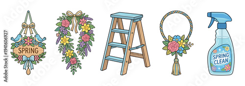 Colorful cartoon collection of spring cleaning and decorating items including a floral sign, garland, stepladder, rope wreath, and spray bottle in a charming illustrated style