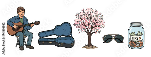 Cheerful cartoon man plays an acoustic guitar while sitting beside an open guitar case, a blooming cherry blossom tree, sunglasses, and a full tip jar, rendered in a vibrant illustration style
