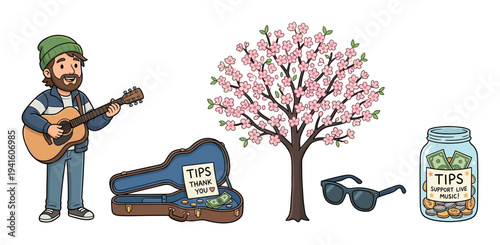 Set of cartoon street musician illustrations featuring a happy man playing guitar, a tip jar, an open case for money, a blooming cherry tree, and sunglasses in a cute doodle style