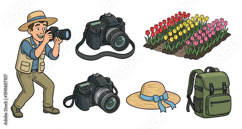 Set of photography and travel illustrations featuring a male photographer, DSLR camera, colorful tulips, a green backpack, and a straw hat in a clean cartoon drawing style