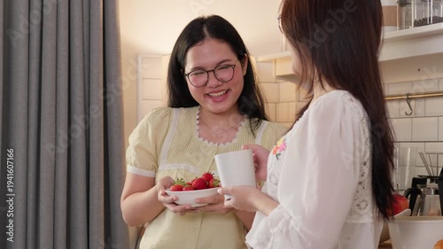Two women in a kitchen enjoying conversation while sharing fresh strawberries and coffee. Promotes friendship, leisure, healthy lifestyle, and domestic living through food, companionship