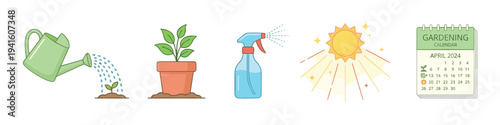 Gardening process elements, including a watering can, sprout, potted plant, spray bottle, sun, and calendar, are illustrated for springtime activities.