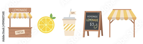 Lemonade stand elements collection features various illustrations for summer drinks, including a stall, a fresh lemon, a cup, and a chalkboard sign.